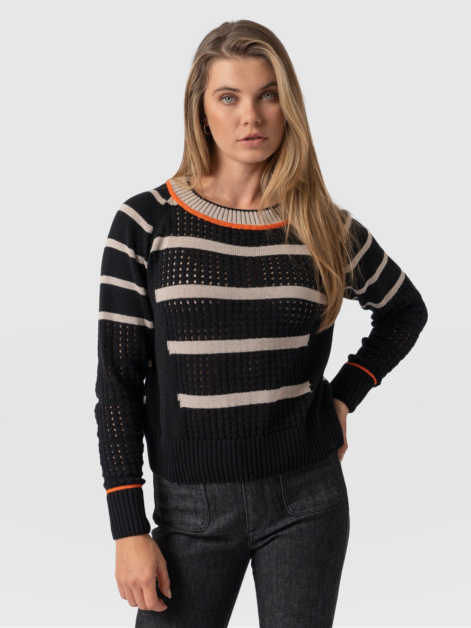 Merino Mix Cambridge Jumper Black/Beige/Orange - Women's Jumper | Saint + Sofia® EU